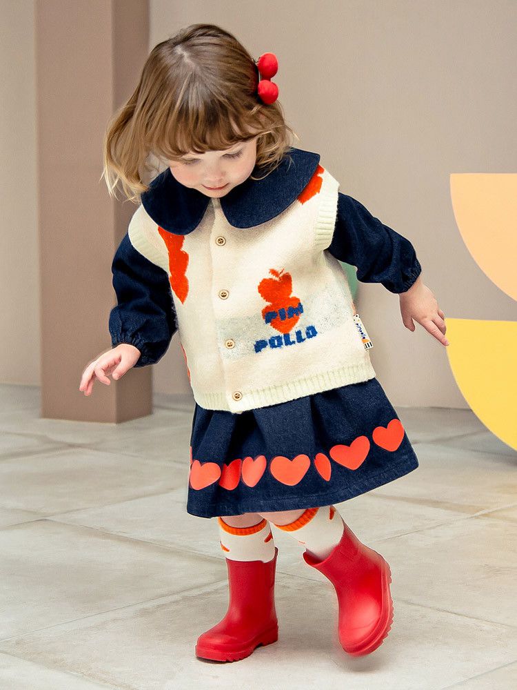 韓國Pimpollo - 愛心印花開衫針織背心-藍