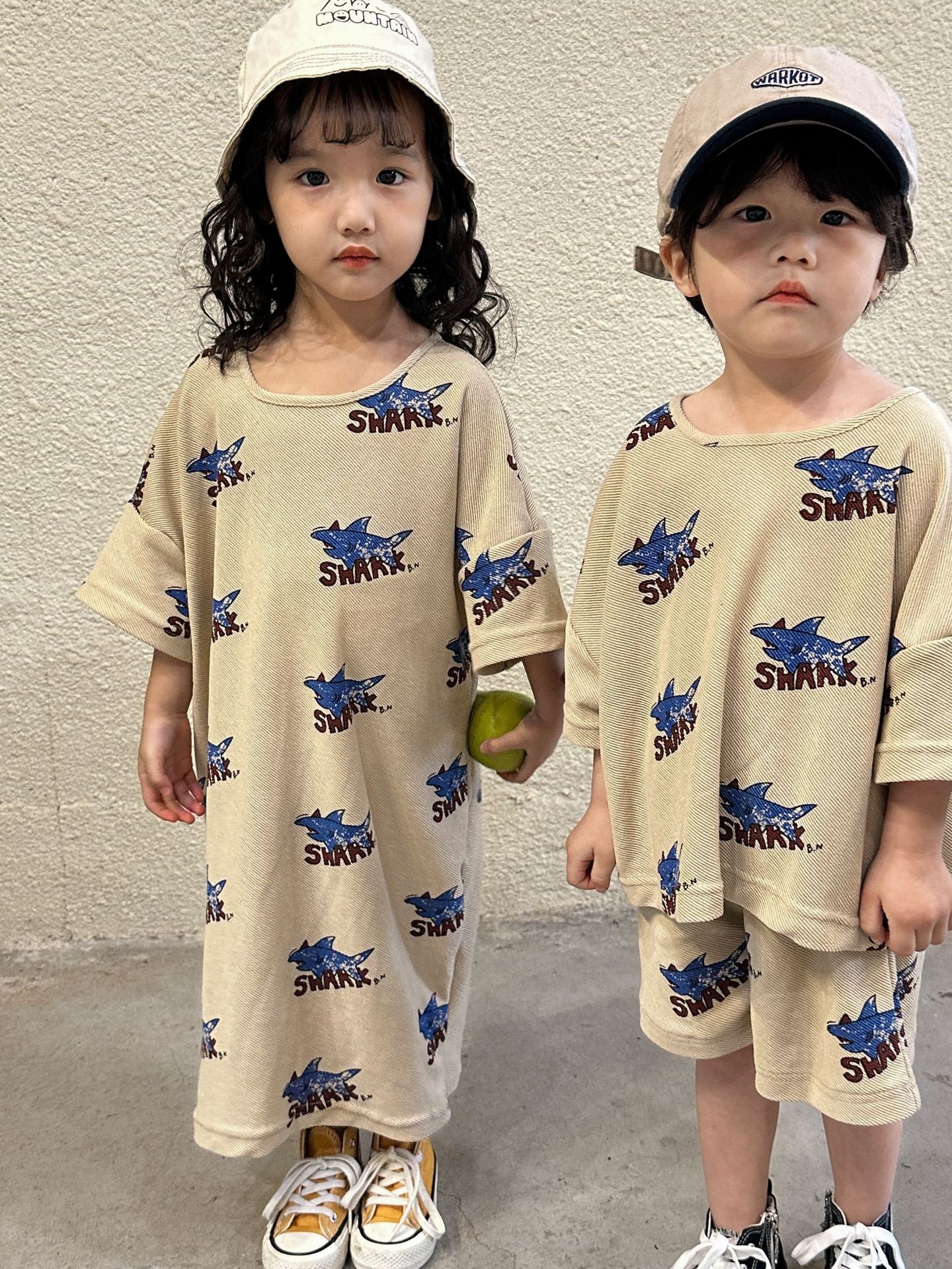 棉質圓領七分袖連身裙-鯊魚-卡其色