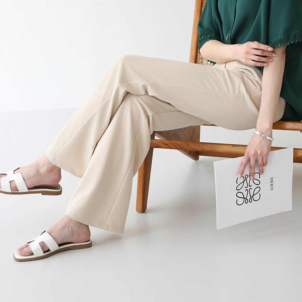 (不易皺)舒適彈性腰彈力喇叭褲-杏