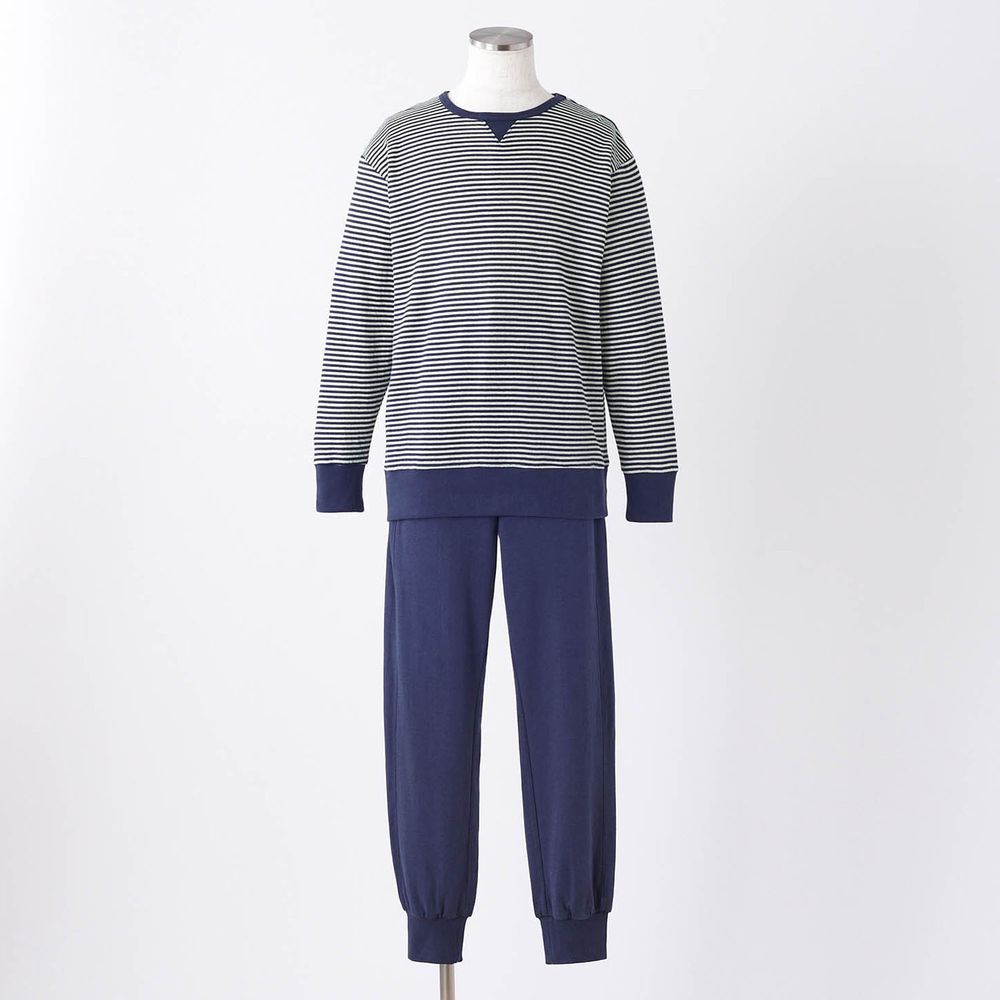 日本千趣會 - 100%純棉 (爸爸)發熱家居服/睡衣(背部加厚)-條紋-藍