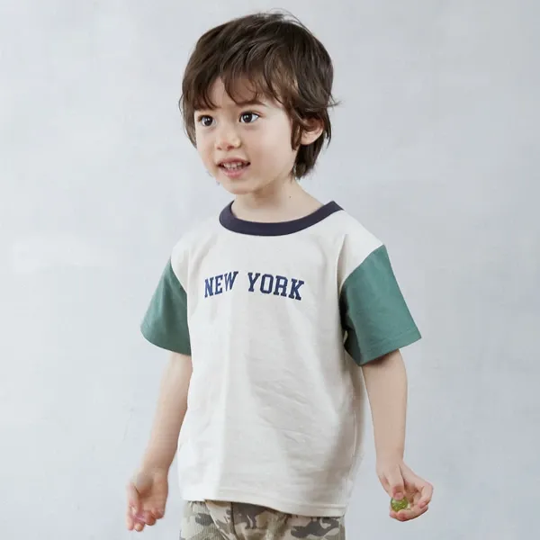 日本 petit main - 百搭印花短袖上衣-恐龍線條-卡其黃