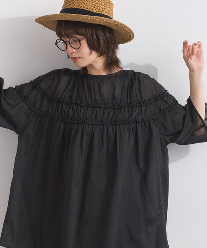 日本 Lupilien - 100%棉 輕盈感皺摺廓形五分袖上衣-萊姆綠