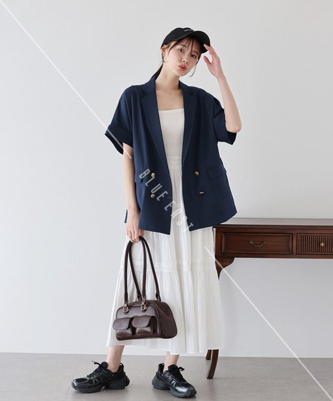 日本 BLUE EAST - 亞麻感氣質金釦短袖西裝外套-卡其杏