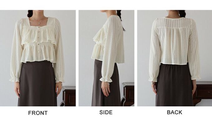 日本 BLUE EAST - 都會方領飄逸緹花層次長袖上衣-黑