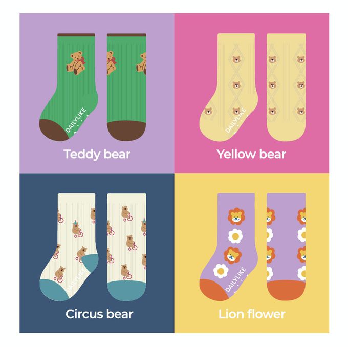 韓國 Daily Like - 兒童襪子/中筒襪4入組-熊熊麻花捲04