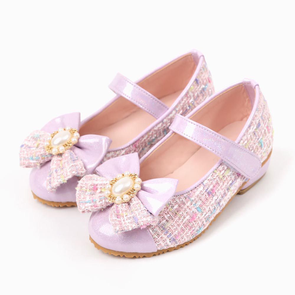 韓國 OZKIZ - 珍珠裝飾蝴蝶結皮鞋-淺紫