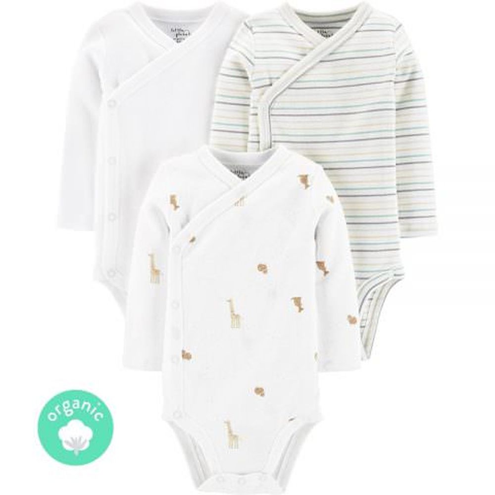 美國 Carter's - 嬰幼兒100%純棉長袖包屁衣三件組-長頸鹿與袋鼠 (有機棉)