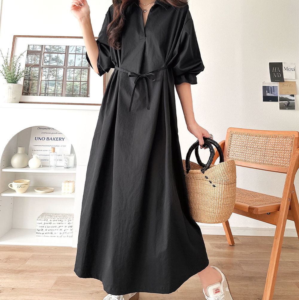 糖果袖束腰修身立領長袖洋裝-黑