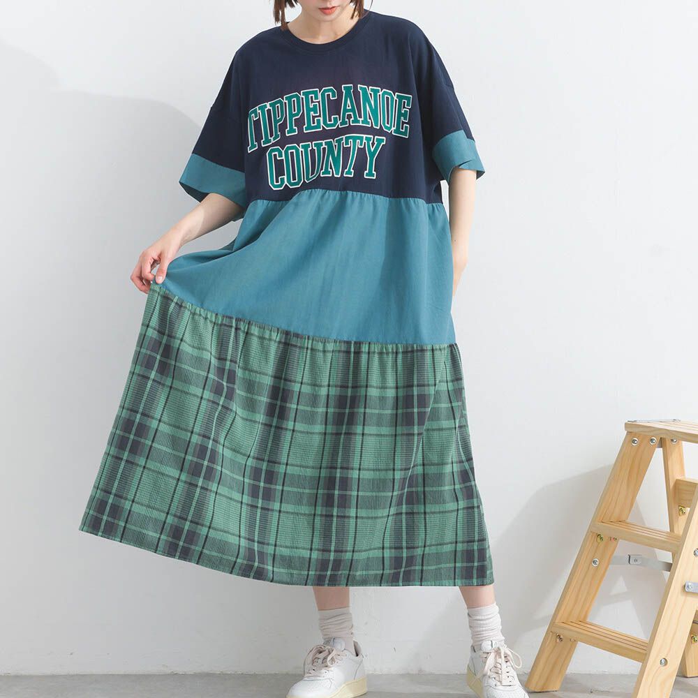 復古學院風 撞色格子拼接短袖洋裝-藍綠