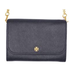 TORY BURCH - 十字紋防刮皮革掀蓋按釦斜背包 (黑)