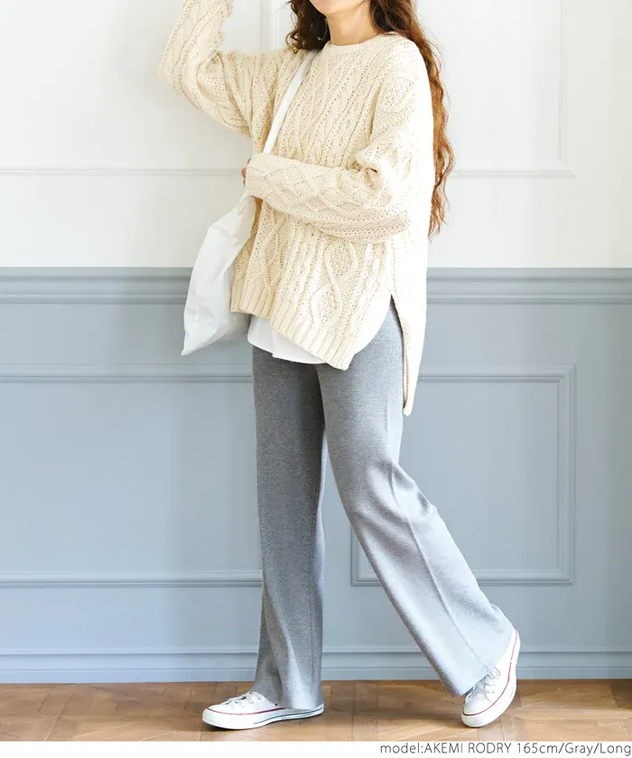 日本 COCA - 針織彈性垂墜美腳寬褲-深藍