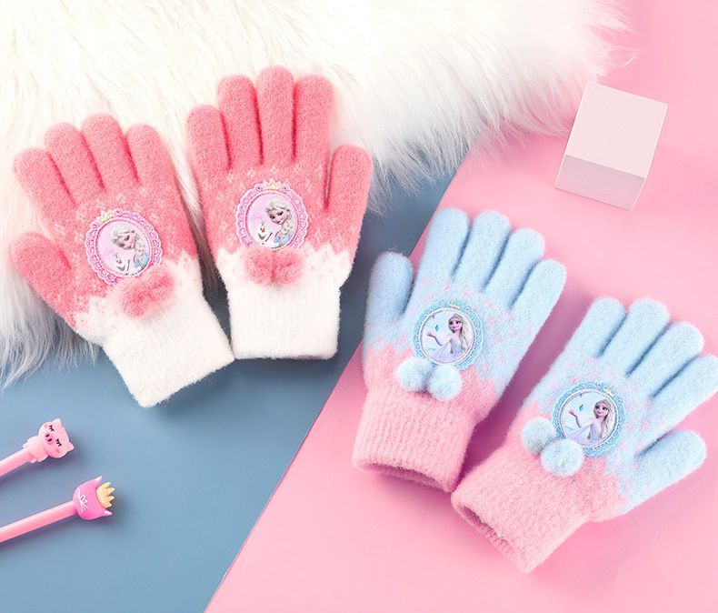 兒童可觸控毛絨保暖針織手套-卡通人物艾莎+雪寶-粉+藍 (建議3歲以上)