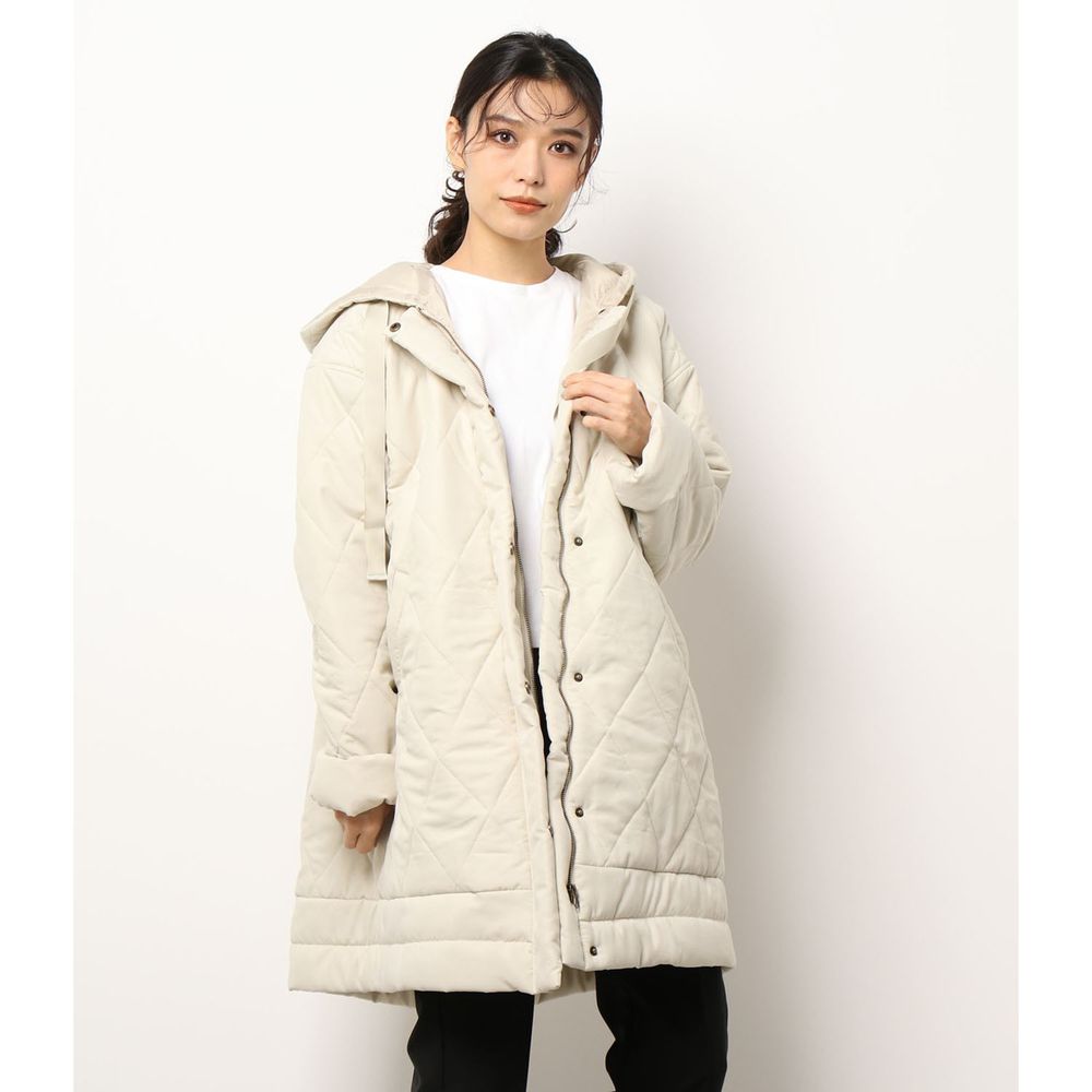 日本 Riche Glamour - 寬鬆菱格連帽鋪棉保暖外套-米