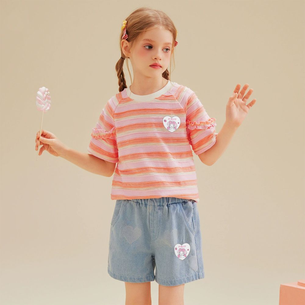 撞色條紋短袖上衣+牛仔短褲套裝-卡通人物美樂蒂-粉橘