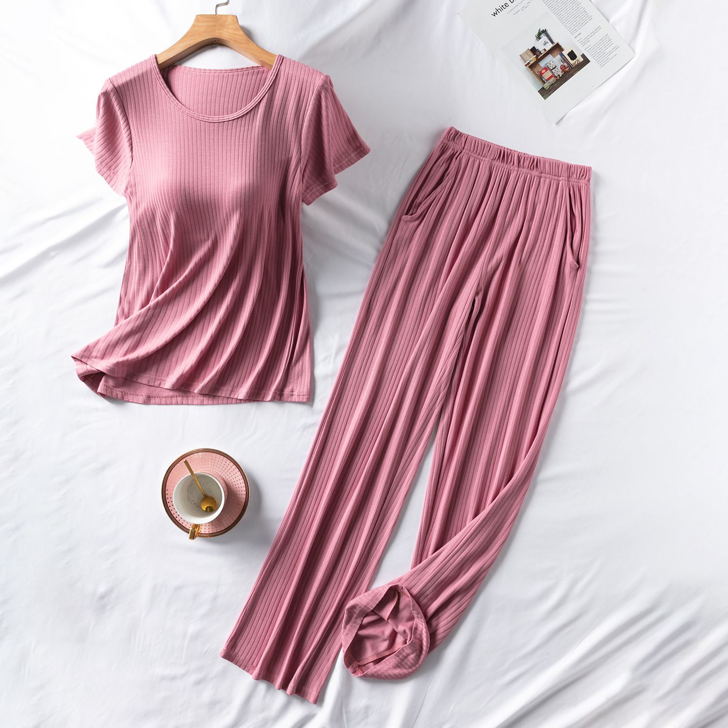 螺紋莫代爾Bra T 短袖家居服套裝-長褲款-粉色