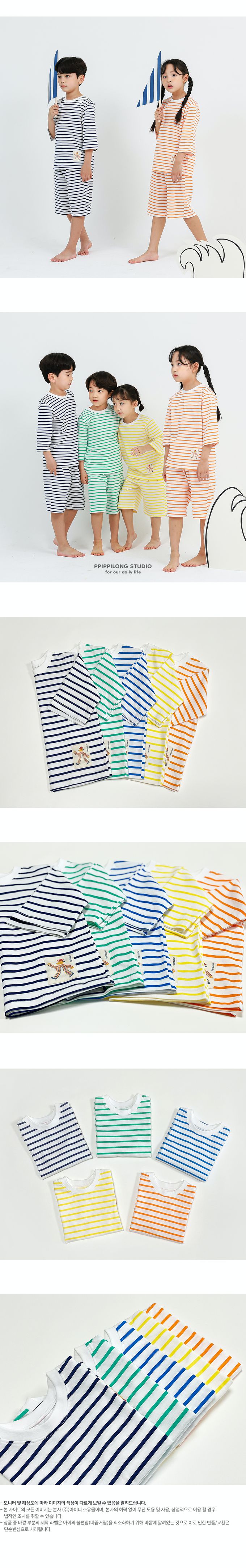 韓國 Ppippilong - 純棉透氣七分袖家居服-條紋-橘