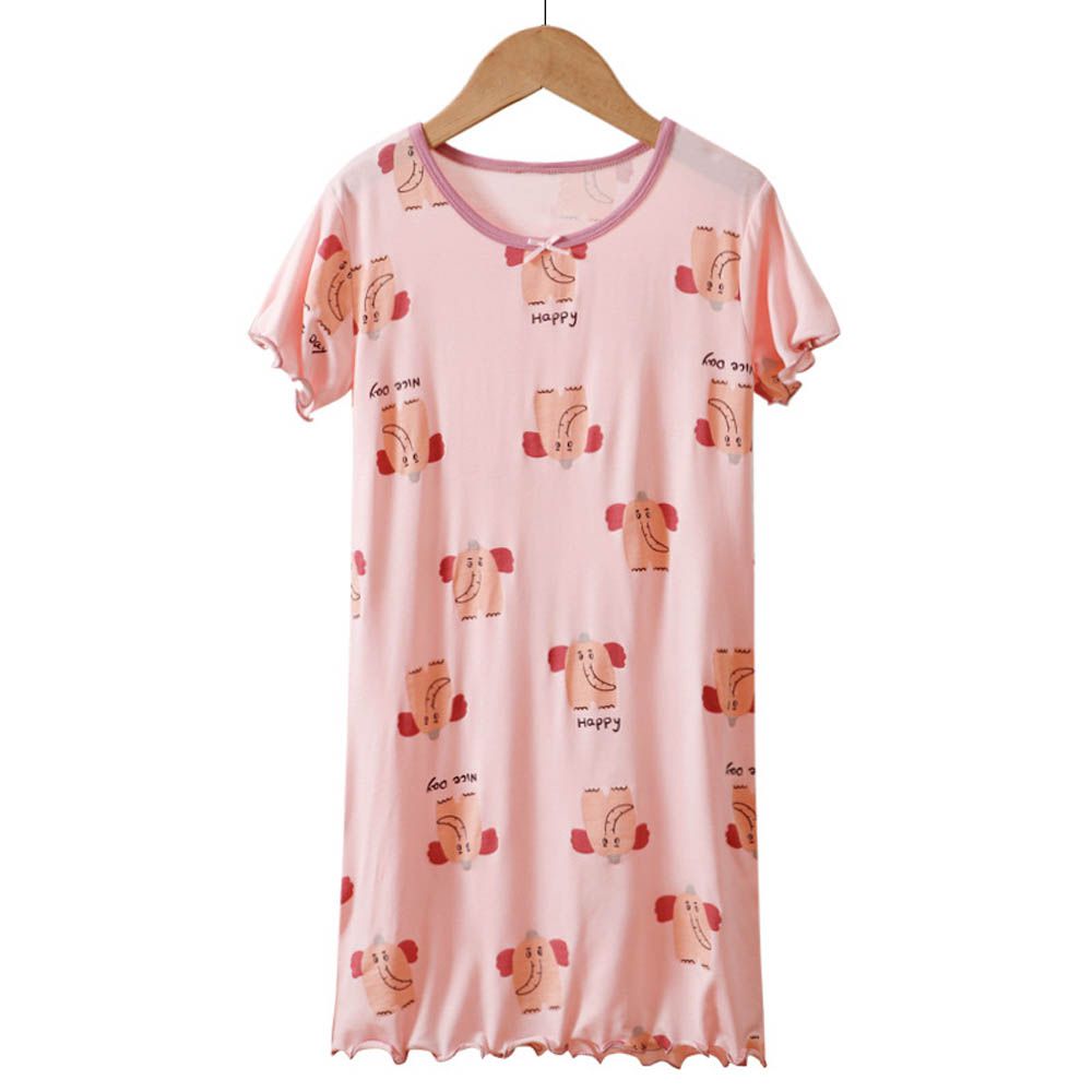 涼感莫代爾短袖連身睡裙/家居服-木耳邊滿版大象-粉色