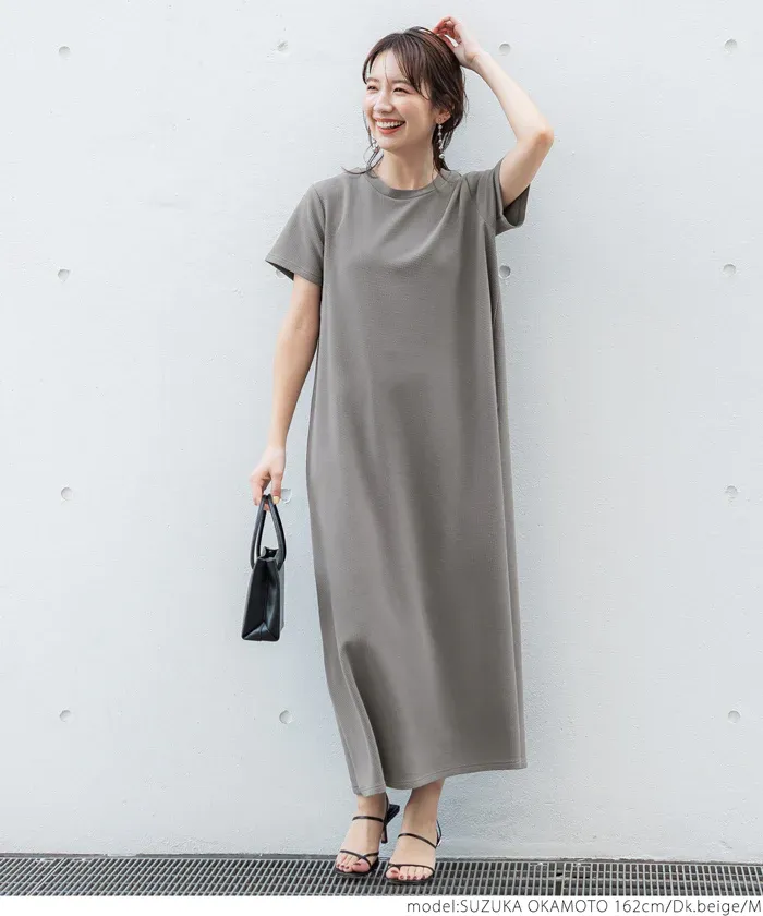 日本 COCA - 速乾彈性 修身圓領短袖洋裝-黑