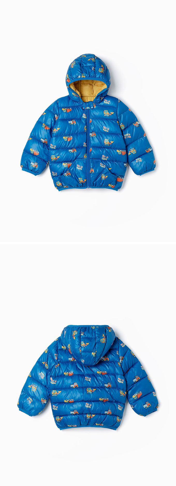 韓國 OZKIZ - 彩印車車連帽輕量保暖外套-藍