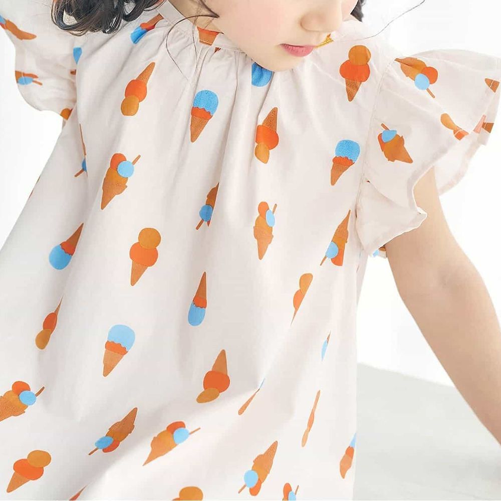 特色滿版印花荷葉短袖洋裝-冰淇淋-奶油米