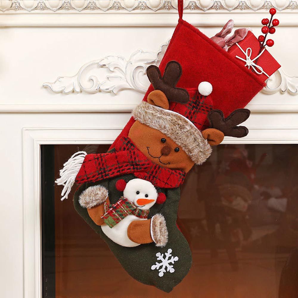 聖誕節造型襪子禮物袋-帽子麋鹿-綠+紅