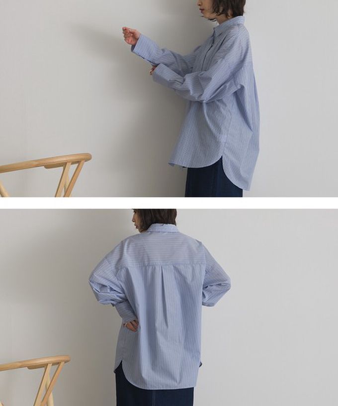 日本 ELENCARE DUE - 男友風寬鬆率性感長袖襯衫-藍系直條紋