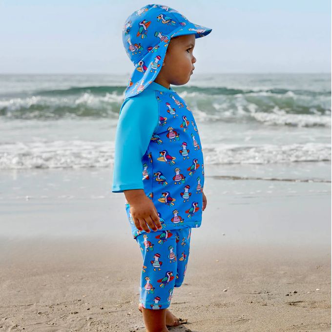英國 JoJo Maman BeBe - 嬰幼兒/兒童泳裝戲水UPF50+防曬護頸遮陽帽-海鷗家族