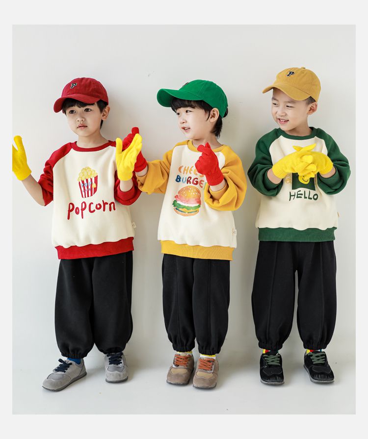 TONGMO - (加絨)卡通圓領保暖長袖上衣/大學T-漢堡-黃+米白