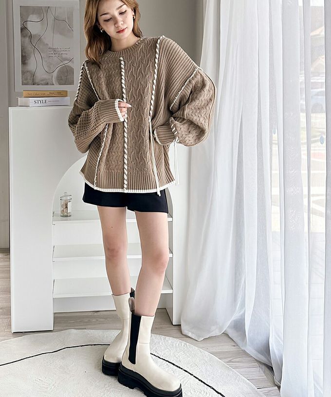 日本 Classical Elf - 2way跳色毛線編織寬鬆長版毛衣-象牙