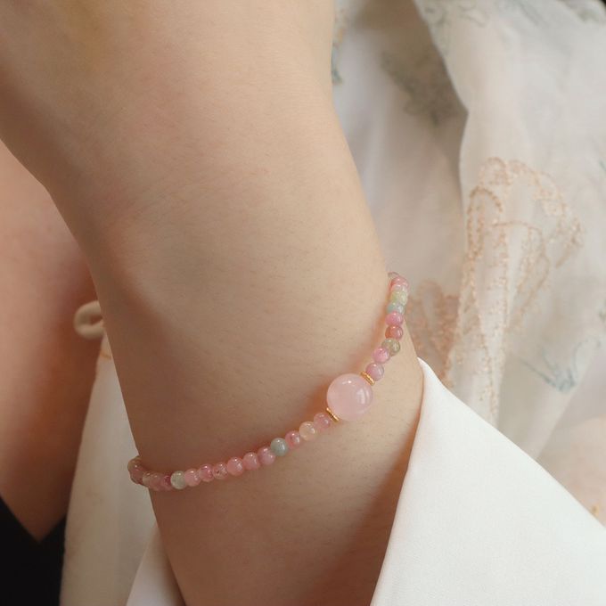 天然碧璽石和田玉粉水晶開運轉運珠手鏈 新年過年開運串珠手鍊