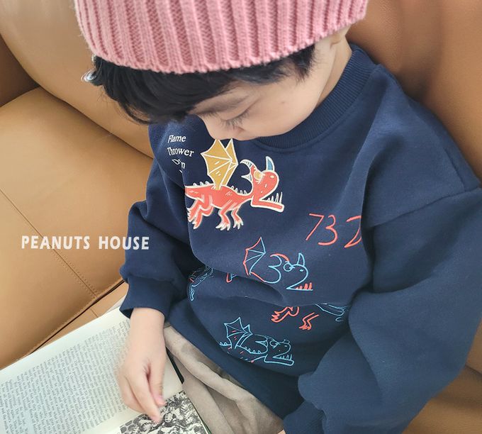 韓國 Peanuts House - (內磨毛)手繪噴火龍長袖上衣-深藍