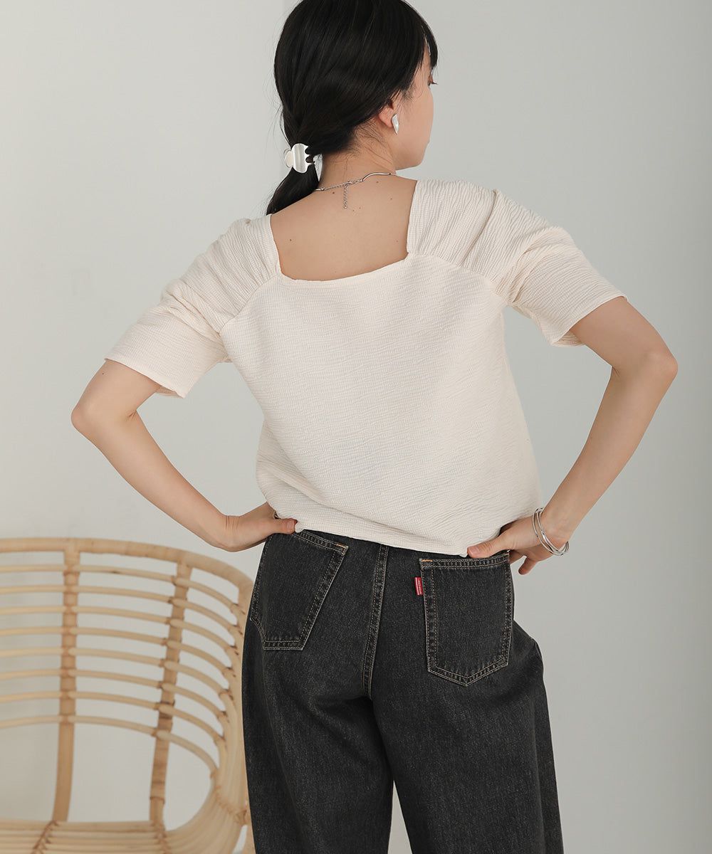 日本 Bab - 2WAY方領排扣五分袖上衣-米杏