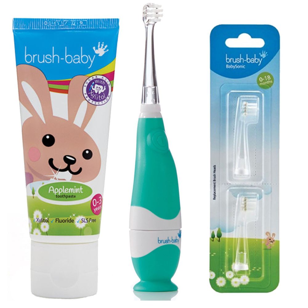英國 brush-baby - 嬰幼兒聲波電動牙刷+貝寶兔木糖醇牙膏(50ml)+替換刷頭2入(0-18M)