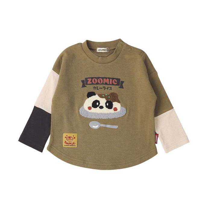 日本 ZOOLAND - 立體刺繡撞色長袖上衣-療癒咖哩飯-軍綠