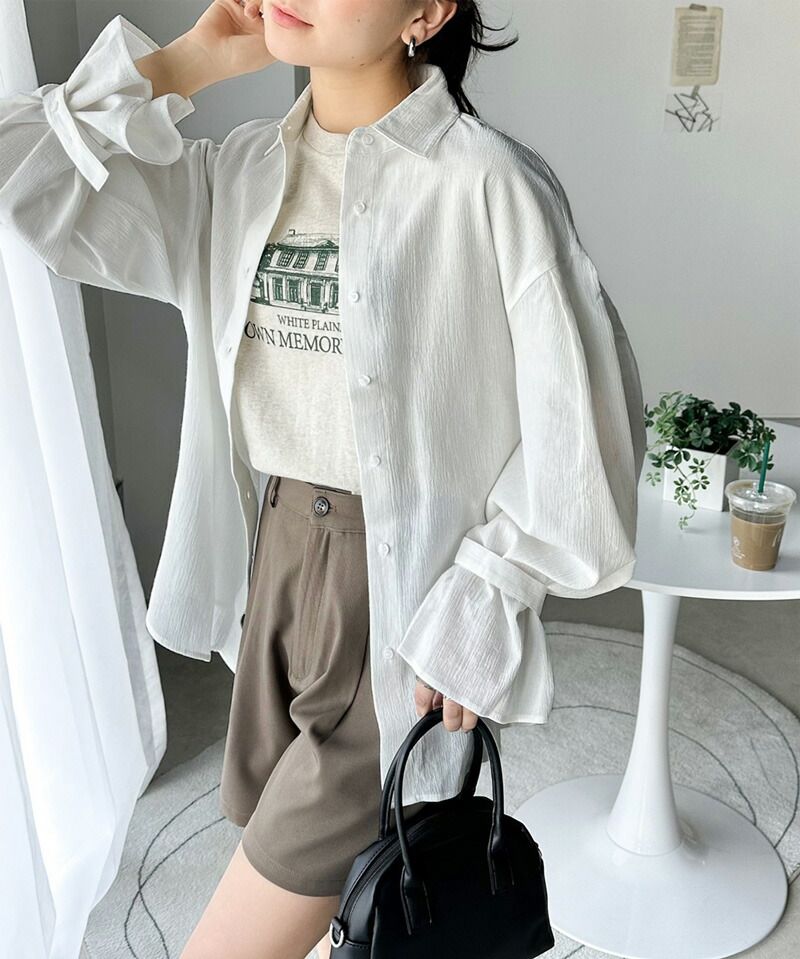 日本 Classical Elf - 氣質微透膚落肩寬袖襯衫-米白