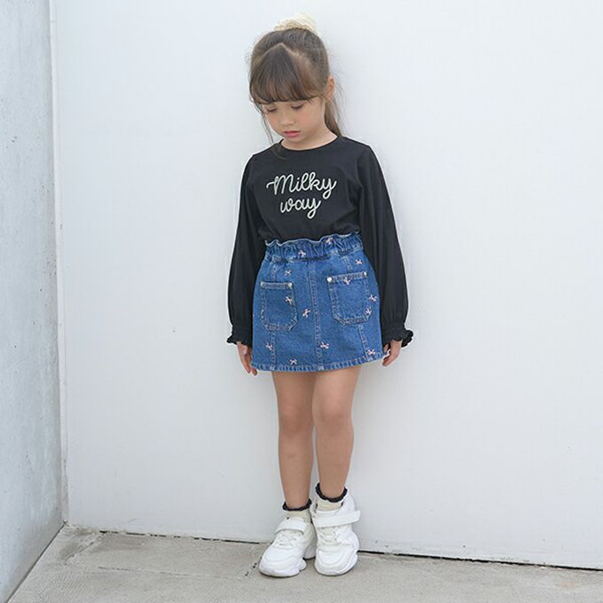 日本 Lycee mine - 甜美刺繡純棉丹寧風褲裙-櫻桃-淺藍