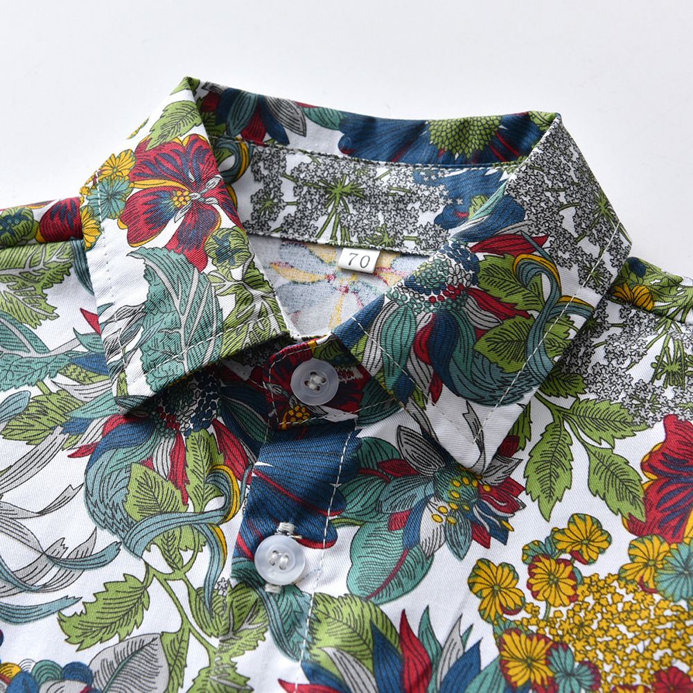 小紳士短袖襯衫套裝套裝(兄妹裝)-繽紛花朵-綠+藍+白
