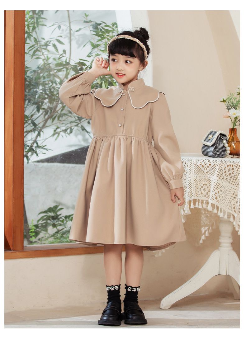 娃娃領燈芯絨長袖洋裝-卡其色