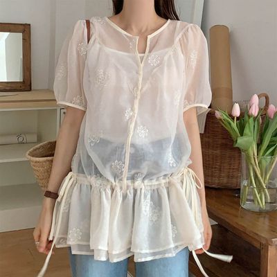 韓國女裝連線 - 珠光感花刺繡層次抽繩短袖雪紡遮臀裙-象牙白 (FREE)
