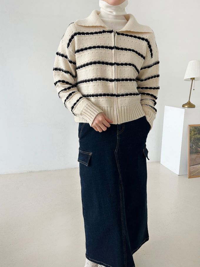 韓國女裝連線 - 勾線條紋針織翻領外套-黑底X米白 (FREE)