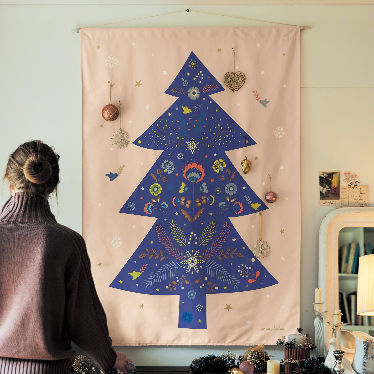 日本千趣會 - mini labo 聖誕佈置掛布-粉杏深藍