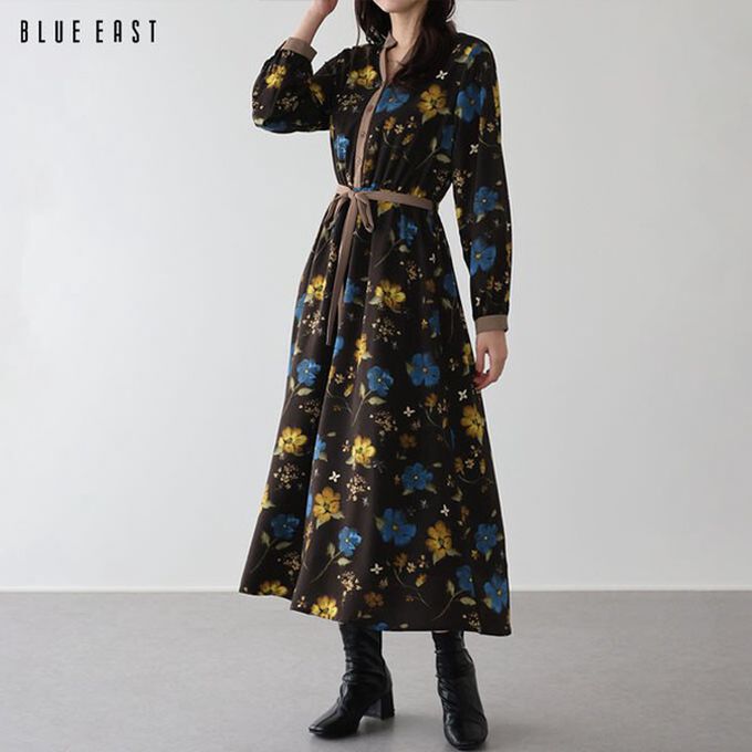 日本 BLUE EAST - 迷人鮮明花朵腰綁帶長袖洋裝-咖啡 (M)