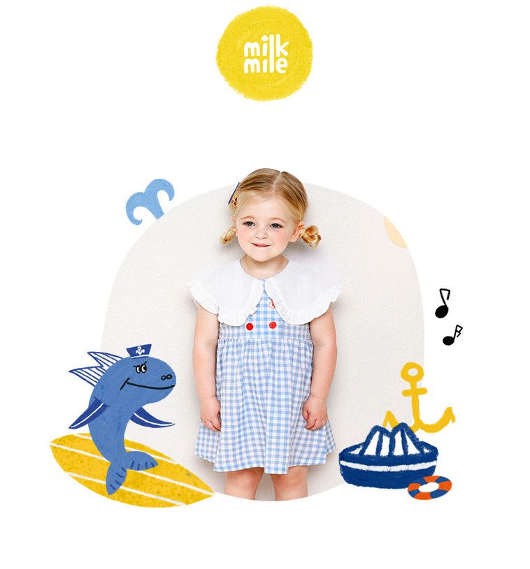 韓國 milk mile - 紅釦藍格翻領背心洋裝-水藍