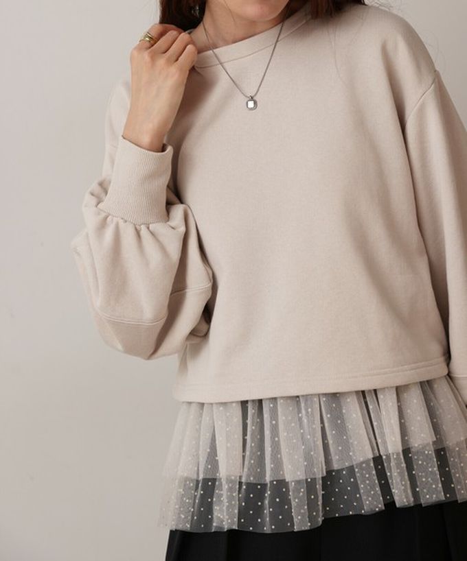 日本 Bab - 浪漫層次吊帶+裏毛上衣(2件組)-圓點薄紗-深灰