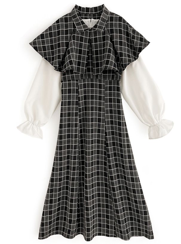 日本 GRL - 斗篷領格紋拼接兩件式洋裝-黑