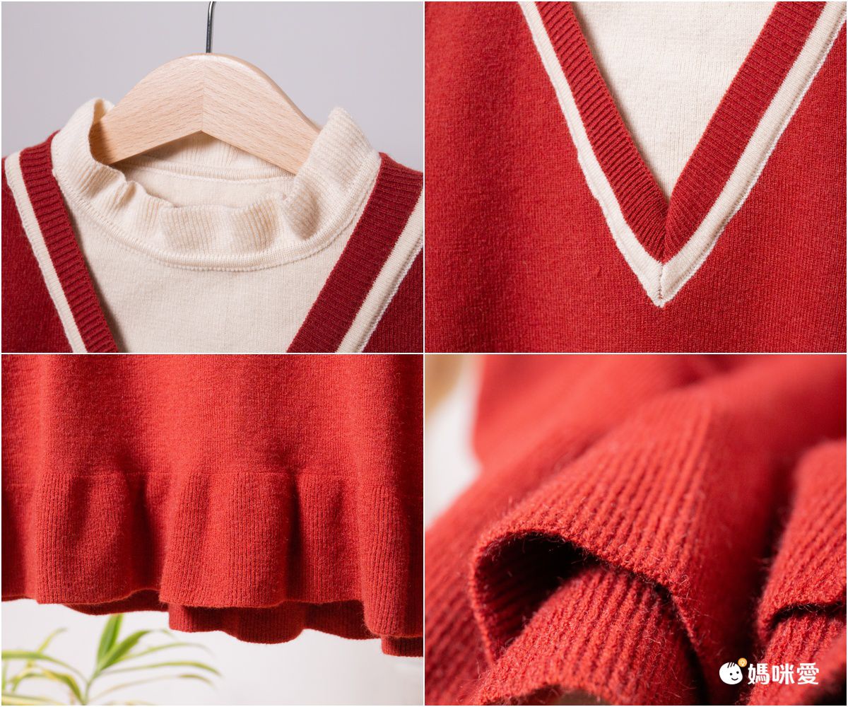 假兩件V領泡泡袖毛衣連身裙-黑色