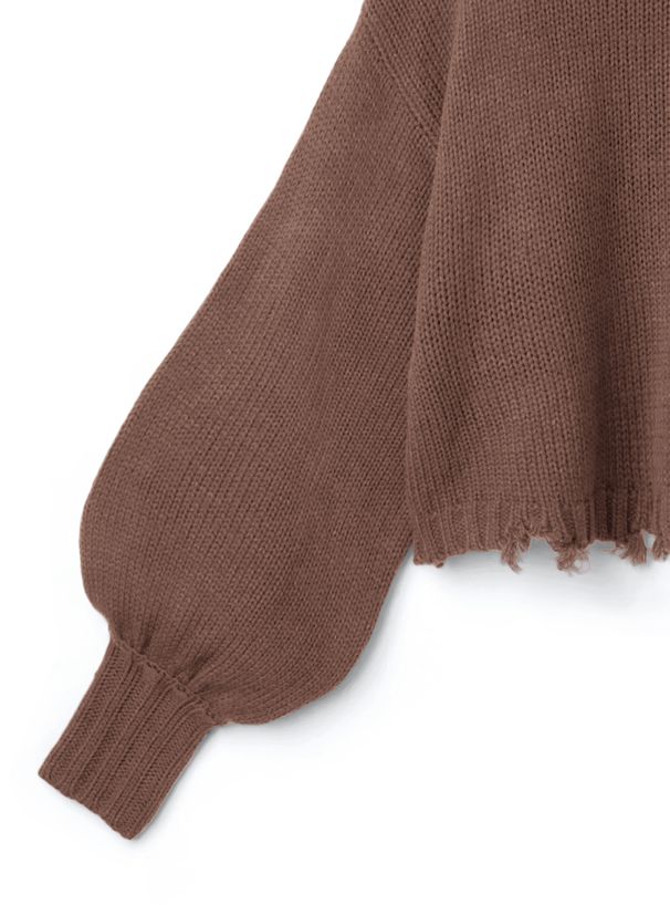 日本 GRL - 不修邊抓鬚澎袖立領毛衣-黑