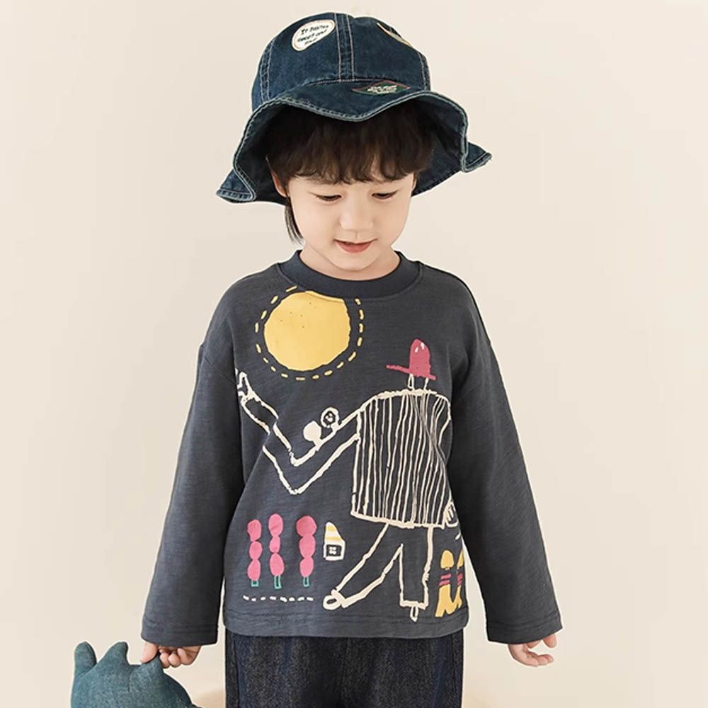 純棉竹節紋圓領落肩長袖上衣-童趣塗鴉-深灰