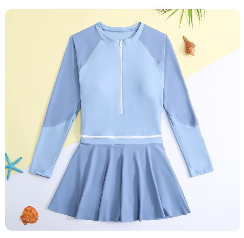 大童女孩運動風長袖連身裙泳衣-拼色款-藍色