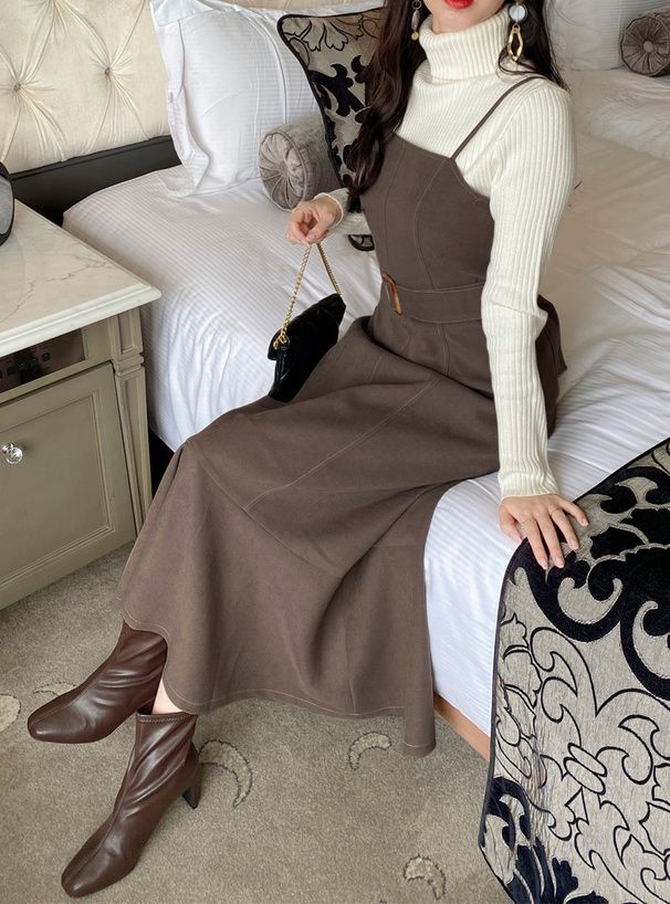 日本 GRL - 質感麂皮修身吊帶魚尾裙(附腰帶)-咖啡